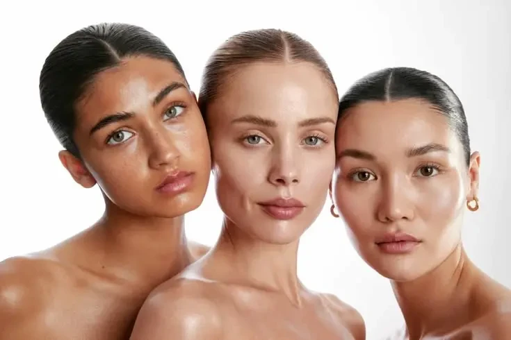 Trois visages de femmes, peau hydratée et lumineuse